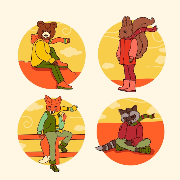 Dibujado a mano estilo otoño bosque animales