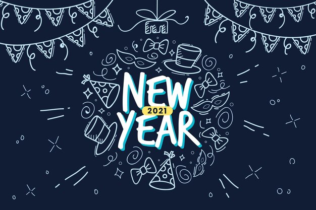 Dibujado a mano feliz año nuevo 2021 en tonos azules