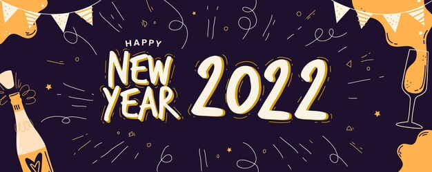 Dibujado a mano feliz año nuevo 2022 banner horizontal