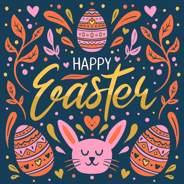 Dibujado a mano feliz día de pascua con cara de conejo y huevos