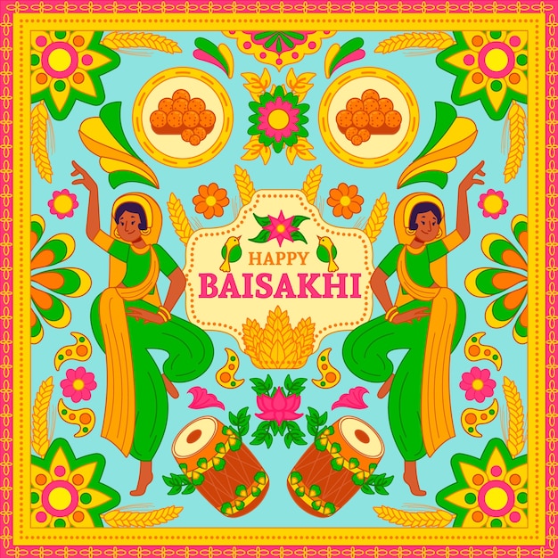 Dibujado a mano feliz fondo baisakhi