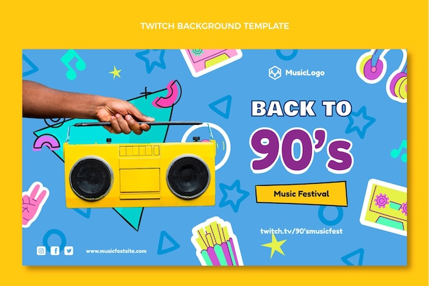 Vector gratuito dibujado a mano fondo de twitch festival de música nostálgica de los 90