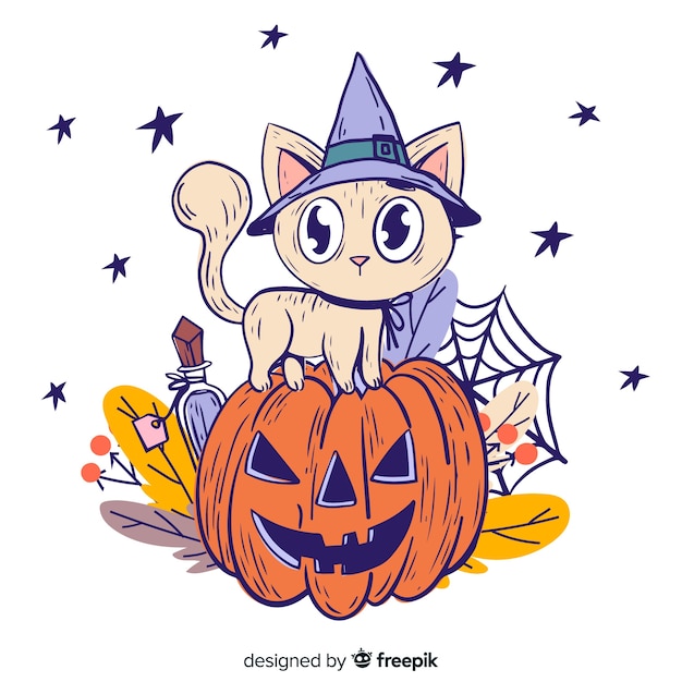 Vector gratuito dibujado a mano de gato de halloween en una calabaza