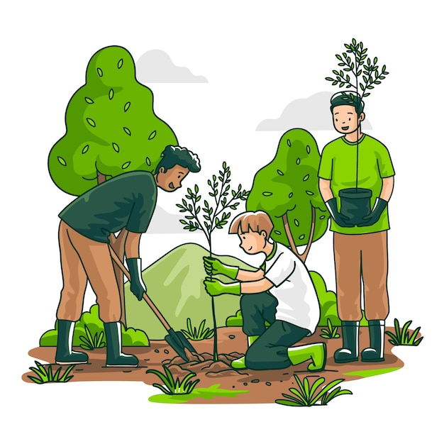 Dibujado a mano gente plantando árbol ilustración