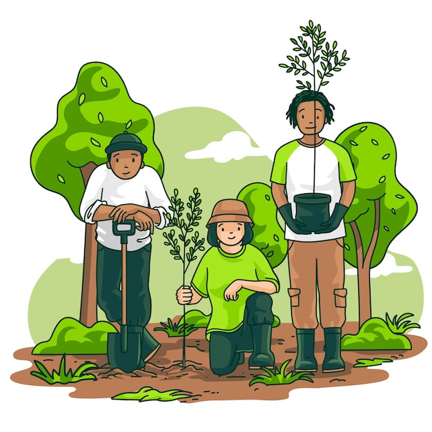 Dibujado a mano gente plantando arbol ilustrado