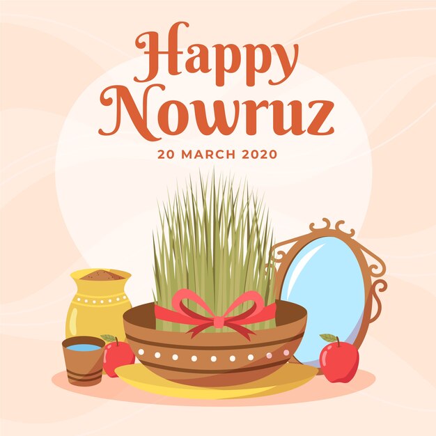 Dibujado a mano happy nowruz y hierba en un tazón
