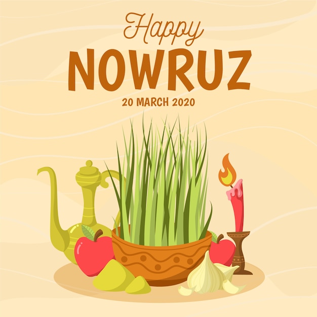 Dibujado a mano happy nowruz y hierba con vela