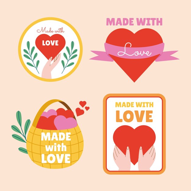 Dibujado a mano hecho con amor colección de etiquetas florales