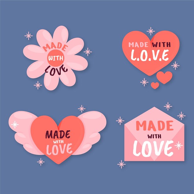 Dibujado a mano hecho con conjunto de etiquetas de amor