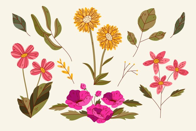 Dibujado a mano hermosa colección de flores de primavera