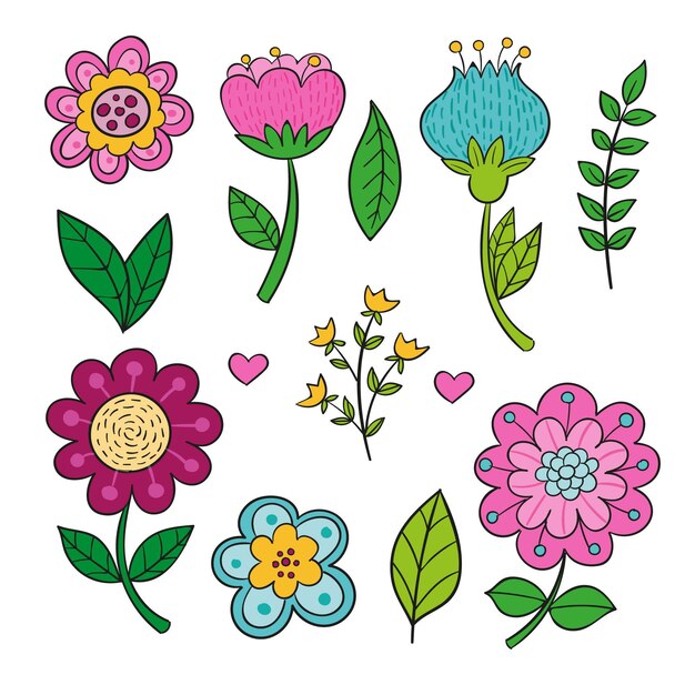 Dibujado a mano hermoso paquete de flores de primavera