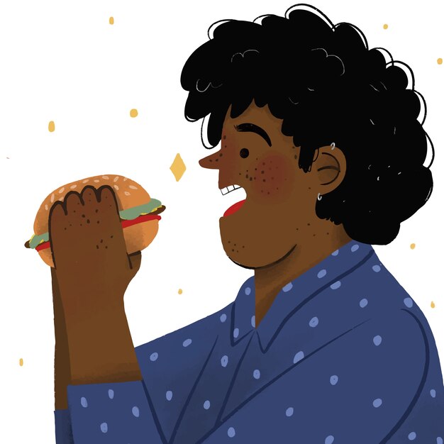 Dibujado a mano hombre comiendo ilustración de hamburguesa