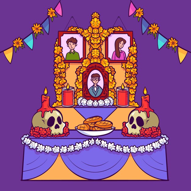 Dibujado a mano ilustración de altar de hogar familiar de dia de muertos