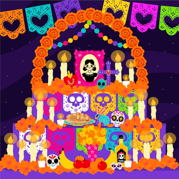 Dibujado a mano ilustración de altar de hogar familiar de dia de muertos