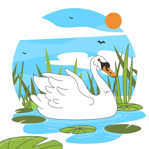 Dibujado a mano ilustración animal de dibujos animados de cisne