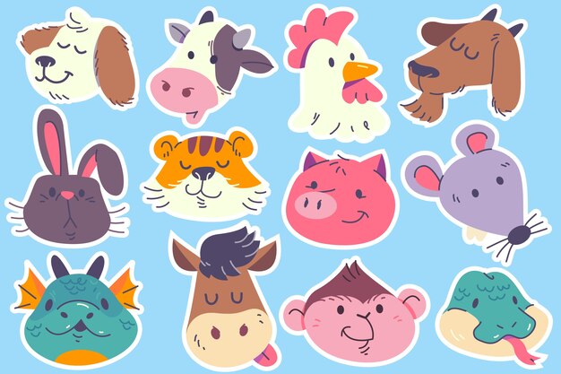 Dibujado a mano ilustración de animales del zodiaco chino