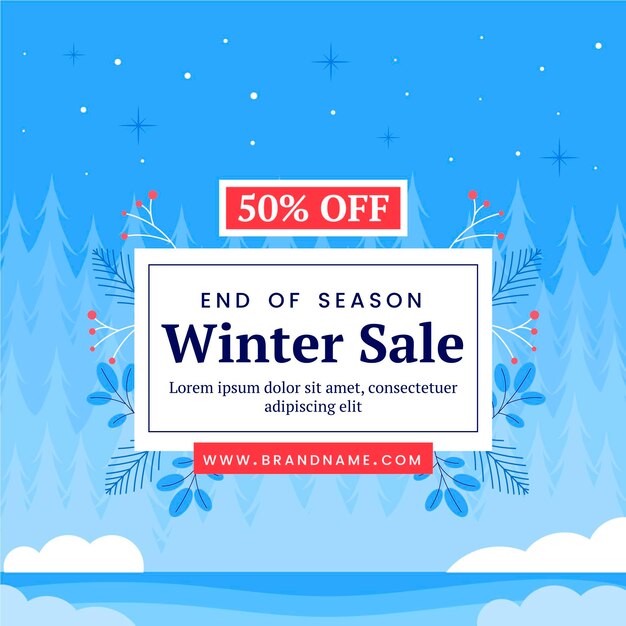 Dibujado a mano ilustración y banner de rebajas de invierno planas