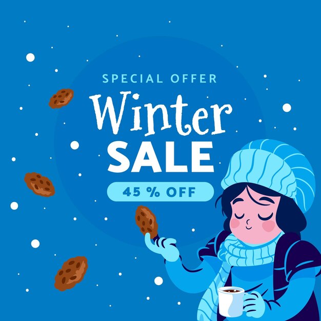 Dibujado a mano ilustración y banner de rebajas de invierno planas