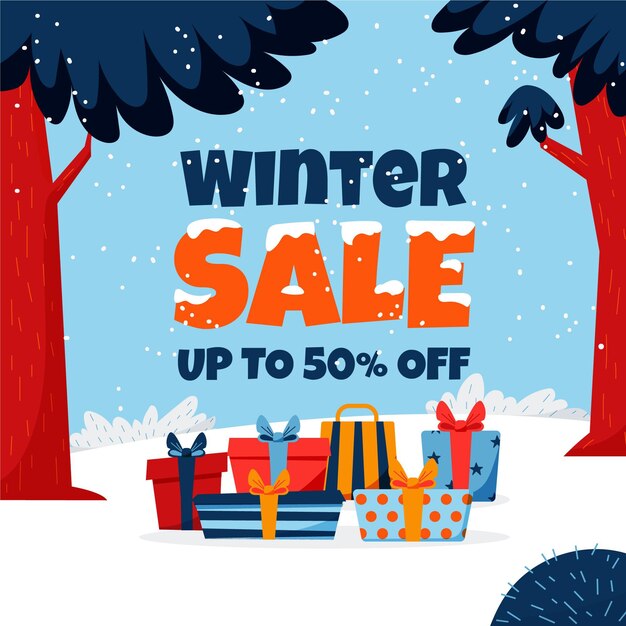 Dibujado a mano ilustración y banner de rebajas de invierno planas