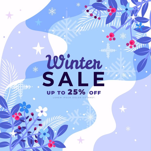 Dibujado a mano ilustración y banner de rebajas de invierno planas