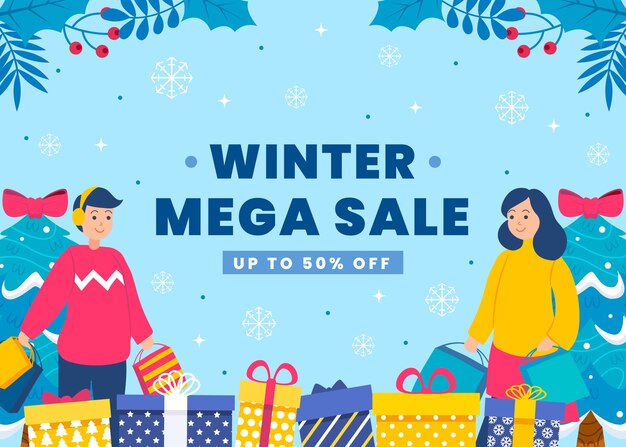 Dibujado a mano ilustración y banner de rebajas de invierno planas