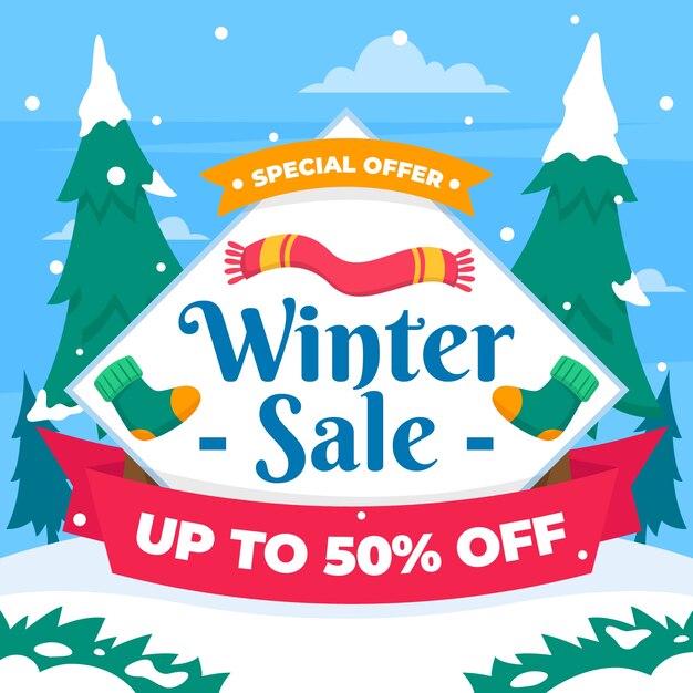 Dibujado a mano ilustración y banner de rebajas de invierno planas