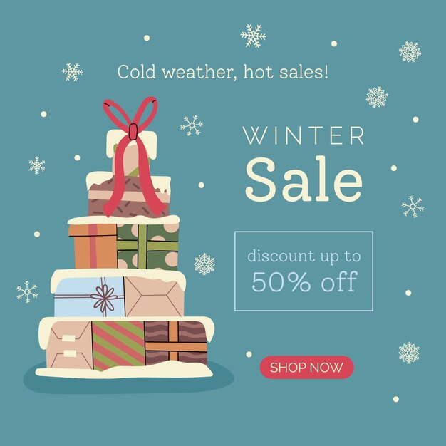 Dibujado a mano ilustración y banner de rebajas de invierno planas