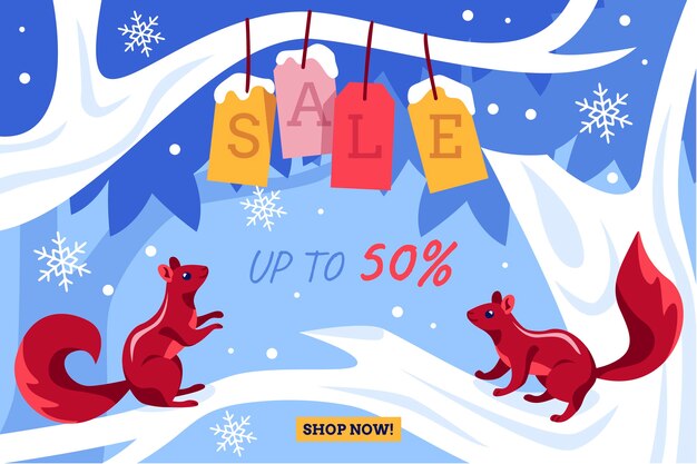 Dibujado a mano ilustración y banner de rebajas de invierno planas