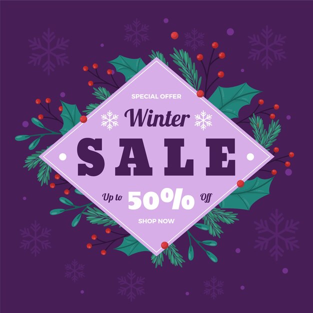 Dibujado a mano ilustración y banner de rebajas de invierno planas