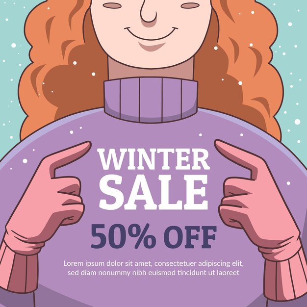 Dibujado a mano ilustración y banner de rebajas de invierno