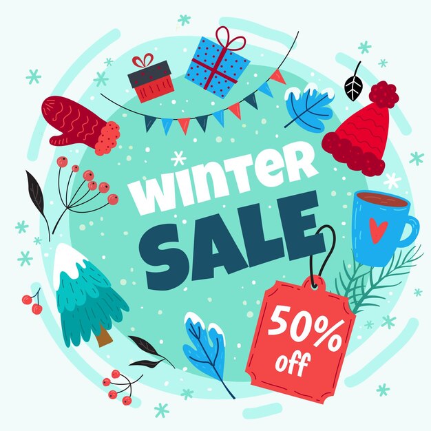 Dibujado a mano ilustración y banner de rebajas de invierno