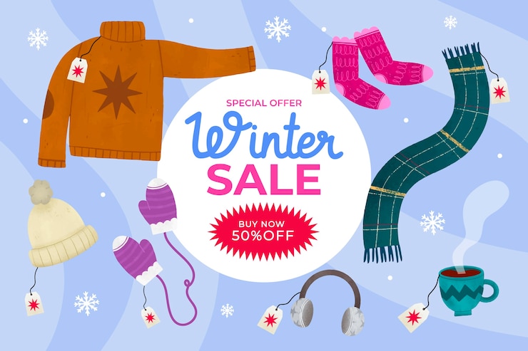 Vector gratuito dibujado a mano ilustración y banner de rebajas de invierno