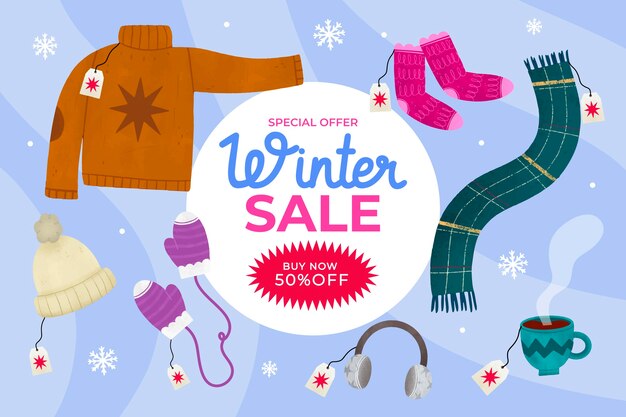 Dibujado a mano ilustración y banner de rebajas de invierno