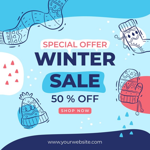 Dibujado a mano ilustración y banner de rebajas de invierno
