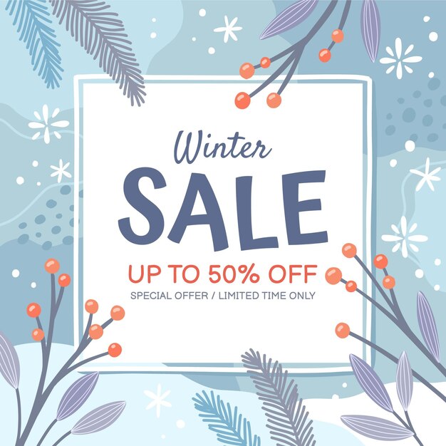 Dibujado a mano ilustración y banner de rebajas de invierno