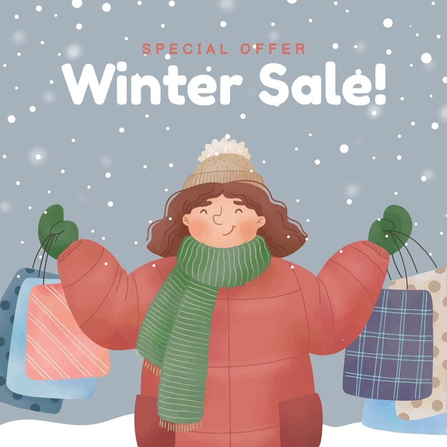 Dibujado a mano ilustración y banner de rebajas de invierno