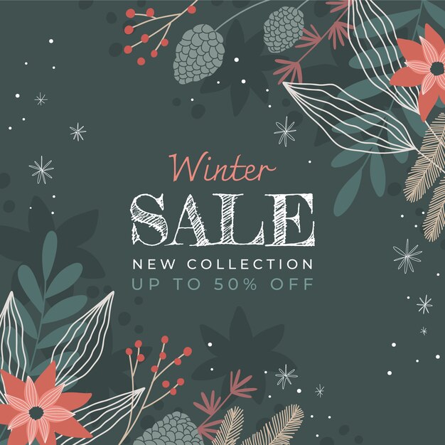 Dibujado a mano ilustración y banner de rebajas de invierno