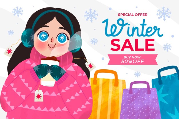 Dibujado a mano ilustración de banner de rebajas de invierno