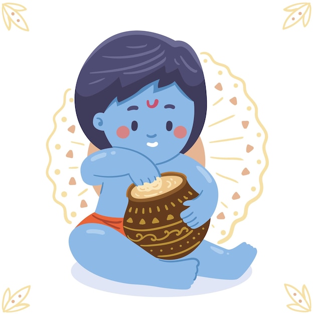 Dibujado a mano ilustración de bebé krishna comiendo mantequilla