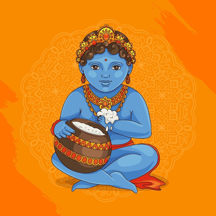 Vector gratuito dibujado a mano ilustración de bebé krishna comiendo mantequilla