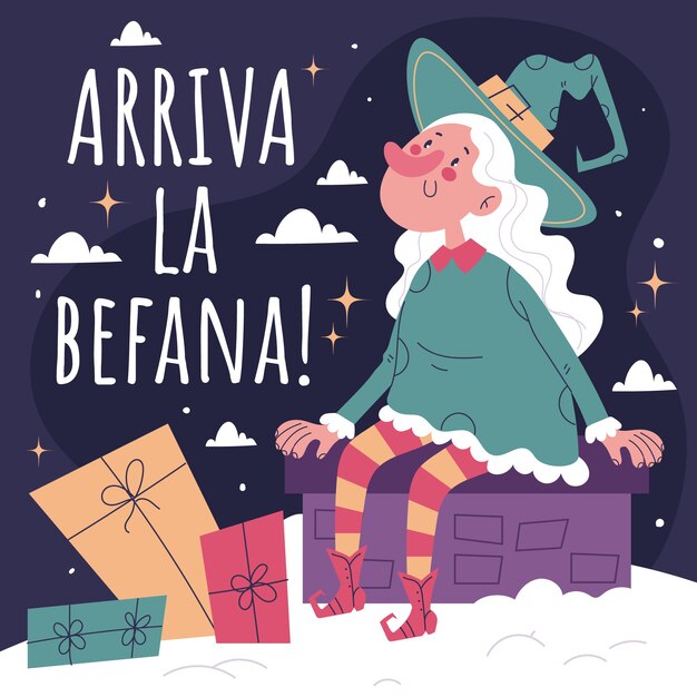 Dibujado a mano ilustración de befana plana