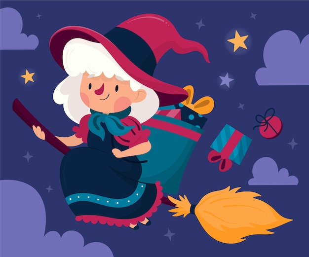 Dibujado a mano ilustración de befana plana