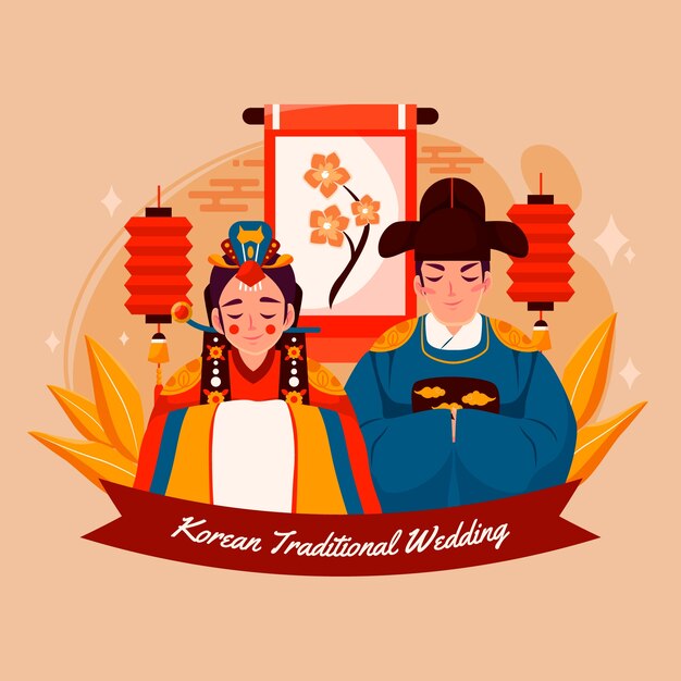Dibujado a mano ilustración de boda de cultura coreana