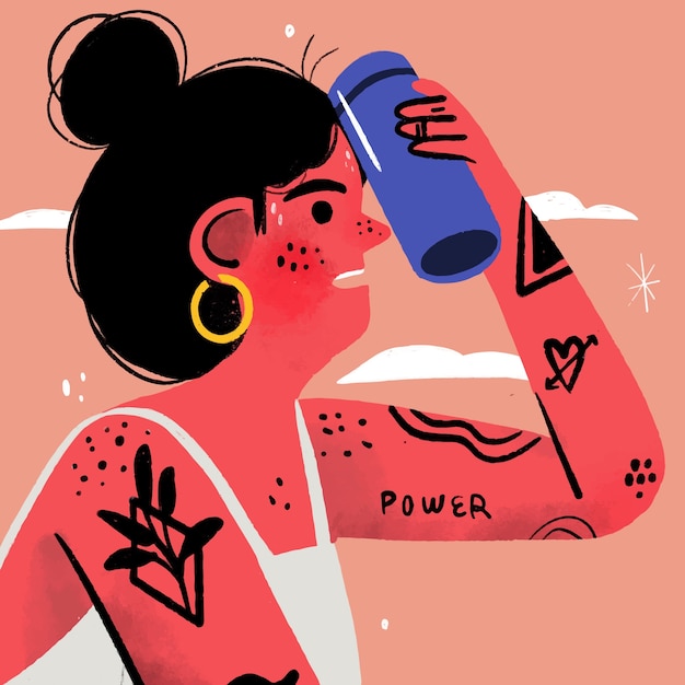 Dibujado a mano ilustración de calor de verano con mujer sosteniendo taza