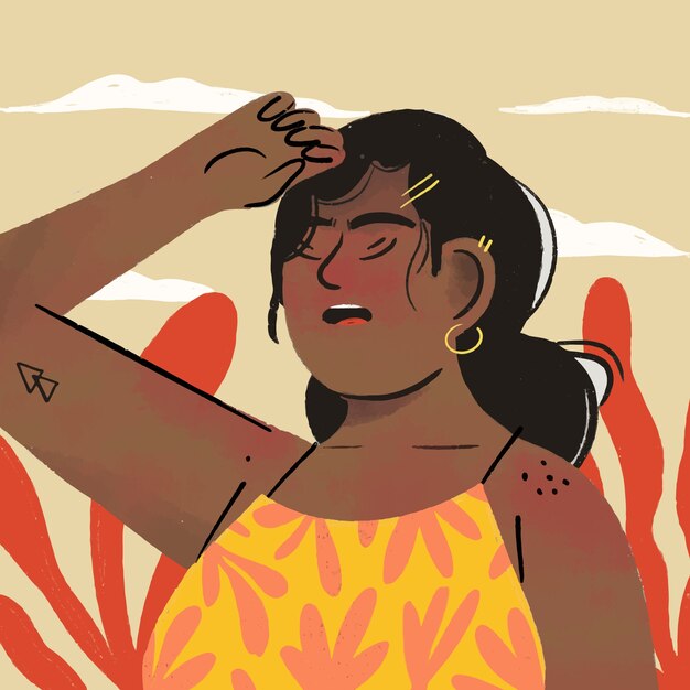 Dibujado a mano ilustración de calor de verano con mujer sudando