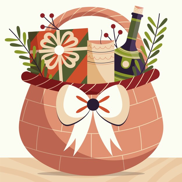 Dibujado a mano ilustración de canasta de navidad plana