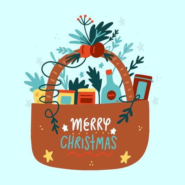 Dibujado a mano ilustración de canasta de navidad plana
