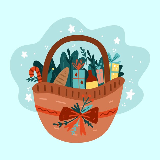 Dibujado a mano ilustración de canasta de navidad plana