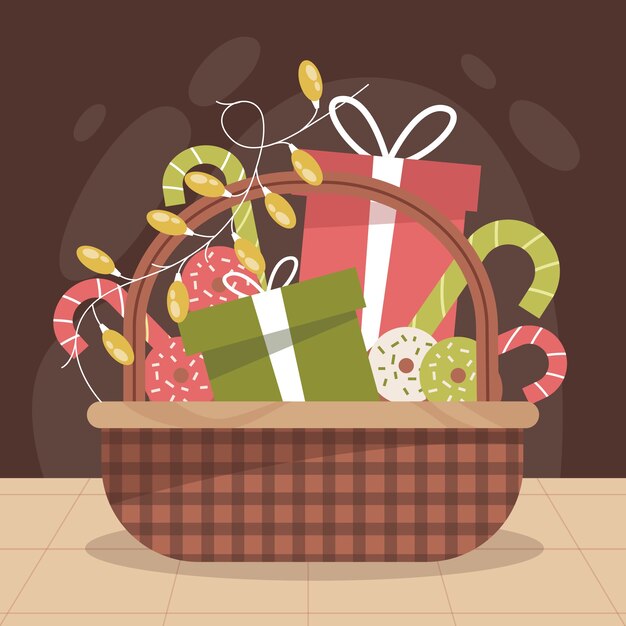 Dibujado a mano ilustración de canasta de navidad plana
