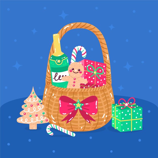 Dibujado a mano ilustración de canasta de navidad plana